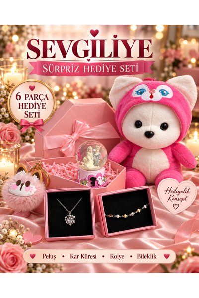HEDİYEVİM Sevgiliye Hediye Arkadaşa hediye Büyük Peluş Ayıcık Hediye Seti – 1 Mini Peluş, Kar Küresi, Kolye, Bileklik, hediye Kutusu