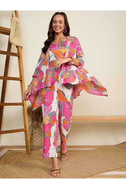 WineRed By Styli Pink Floral Top and Wide-Leg Pants Co-ord Set