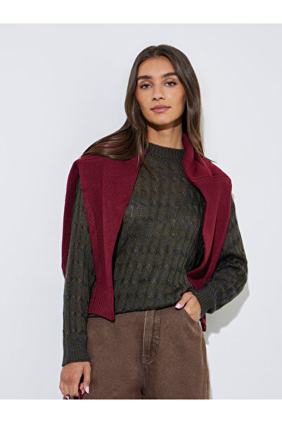 Styli Olive Solid Cable Knit Regular Fit Sweater