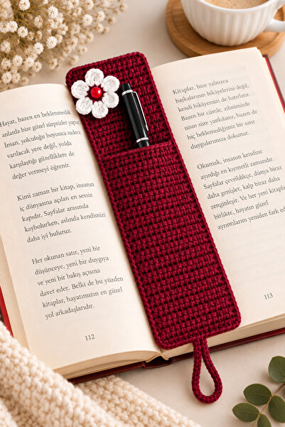 NEHOLİA Bookmark with Pen Holder, Floral Detailed Burgundy Knitted Bookmark, Gift for Book Lovers