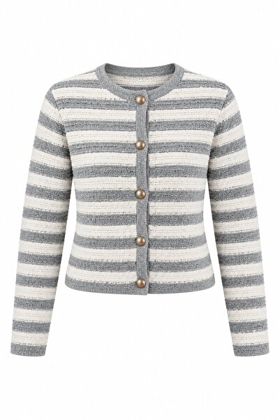 Laluvia Grau - Ecru gestreifte Strickjacke - 2y4390