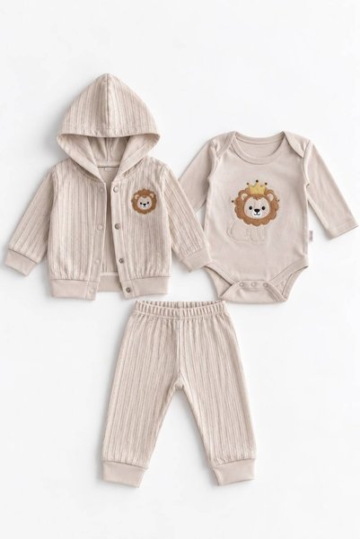 LUCEVERA Baby Boy Lion Embroidered Hooded 3-Piece Set Long Sleeve Body Cardig...