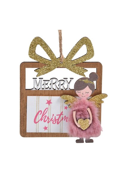 DD SHOP Ornament Brad de Craciun Cadou din Lemn cu Ingeras 3D Blana Dusty Pin...