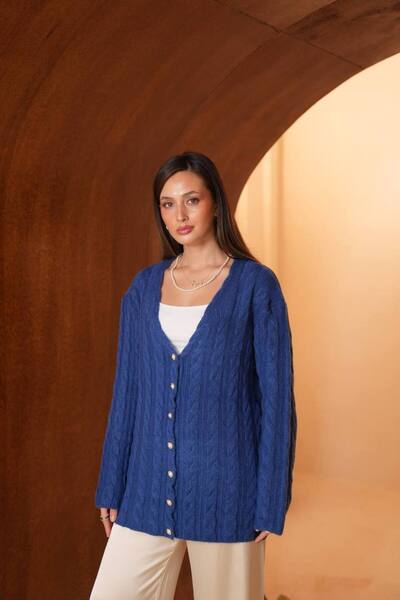Balenbi Women's V-Neck Hair Knit Textured Striped Bearded Knitwear Cardigan 8434