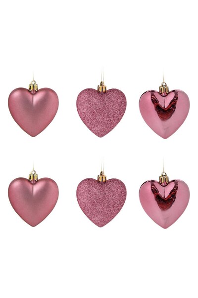 DD SHOP Set Ornamente de Craciun Inimi Roz Mat Stralucitoare Glitter 7cm - 6buc