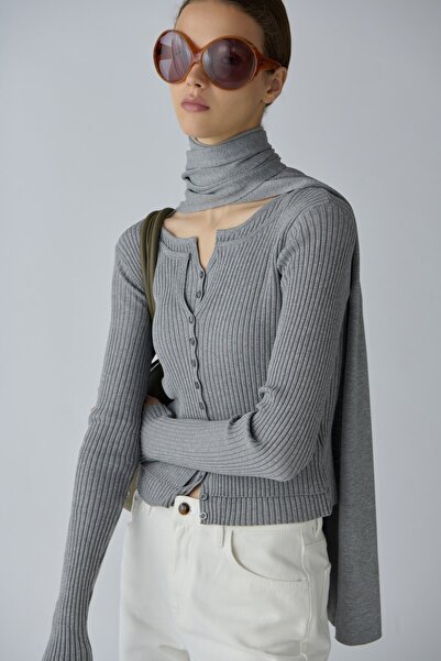 Suud Collection Gray Double Layer Ribbed Knit Cardigan