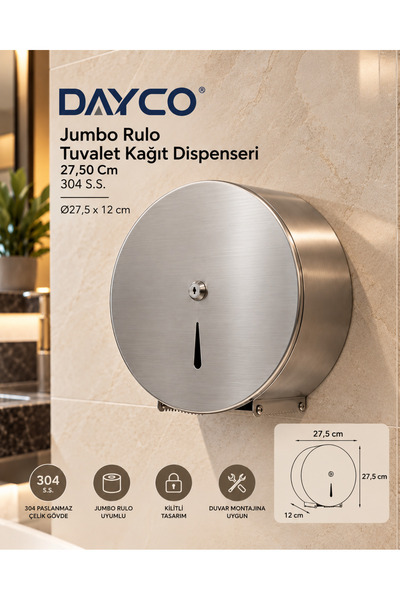 DAYCO 304 Paslanmaz Çelik Tuvalet Kağıt Dispenseri Mini / Büyük
