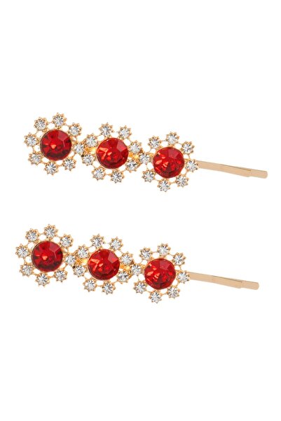 DD SHOP Agrafe Par de Craciun Aurii Fulgi cu Strass & Piatra Rosie 6.5cm - 2buc