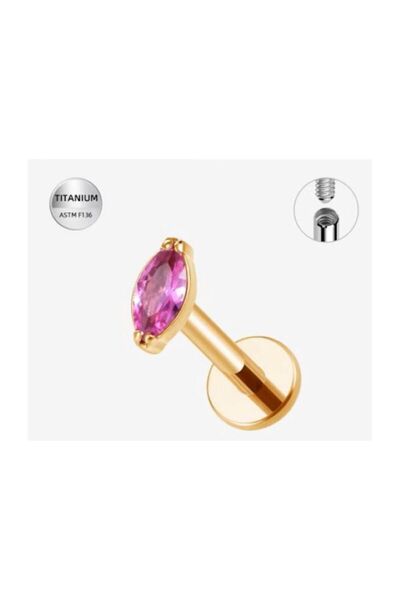 Funny Party Shop Piercing Labret Titan F136 Auriu cu Piatra Marquise Roz-1.2x6mm