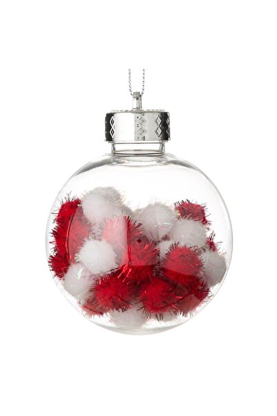 DD SHOP Ornament Brad de Craciun Glob Transparent Pompon Alb Rosu Beteala Ø8cm