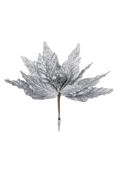 DD SHOP Floare decorativa de Craciun argintie cu glitter si clips, 26 cm, orn...
