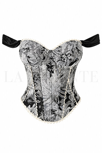 LA VALİENTE Vintage II – Pastel Gri Tonlu Çiçek Desenli Balenli Straplez Bağc...