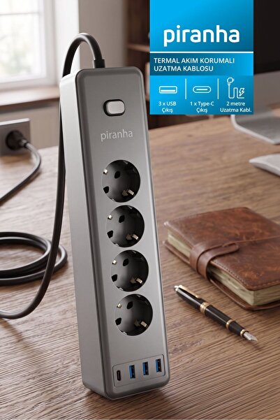 Piranha 45695 Akım Korumalı 4'lü Priz | 3 x USB Çıkış | 1 x Type-C Çıkış | Ço...