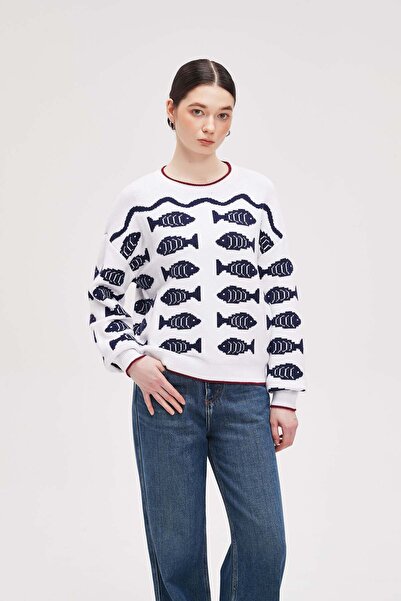 menta Fish-Print Knit Blouse with Contrast Trim