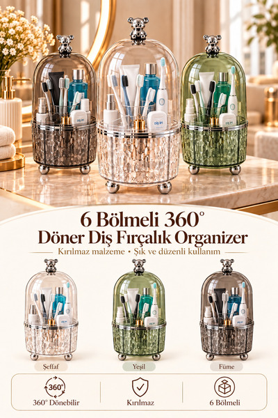 Poomy 6 Bölmeli 360 Derece Döner Kapaklı Diş Fırçalık ve Banyo Organizeri Makyaj Malzeme Düzenleyici