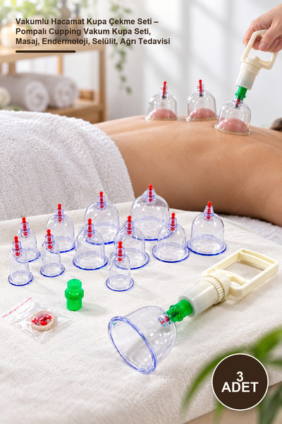 3 Adet Vakumlu Hacamat Kupa Çekme Seti – Pompalı Cupping Vakum Kupa Seti, Masaj, Endermoloji, Selülit, Ağrı Tedavisi