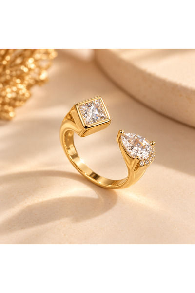 MİLANO BEAUTYS Women's Adjustable Open-Ended Stone Ring – Gold/Silver with Dr...