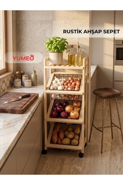 Yumeo Rustik Ahşap Mutfak Standı - 4 Katlı Siyah Tel Sepetli, Tekerlekli Çok ...