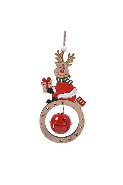 DD SHOP Ornament din Lemn Brad de Craciun Glob cu Cerb Clopotel Glitter 11cm