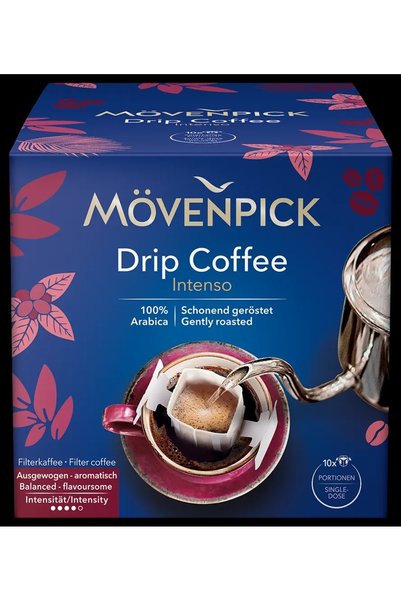 Mövenpick Intenso Filter Drip Coffee Envelopes, 100% Arabica Quiet Roast - Pack of 10 Individually Wrapped Envelopes for Quick Preparation