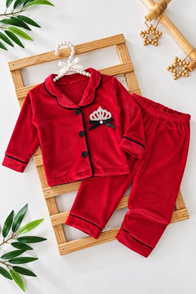 Minigimin Cicileri Velvet Girls' Pajama Set with Crown Embroidery Detail - Red