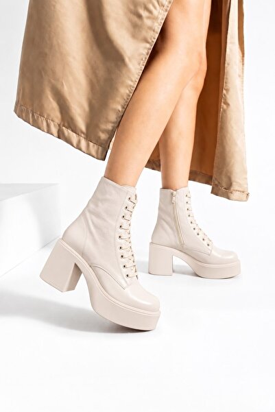 dabab shoes MELVIAN Γυναικείο μπεζ τσαλακωμένο λουστρίνι με κορδόνια και φερμ...