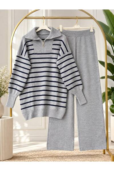 VOLT CLOTHİNG Women's Hijab Striped Half-Zip Knitwear Set