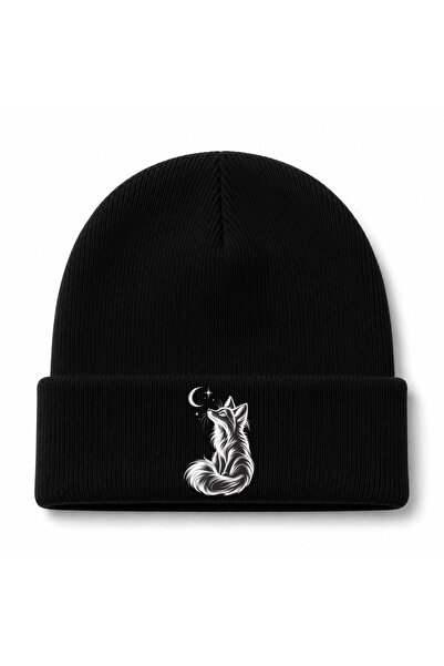 Rabona Fashion Moon Gaze Fox & Crescent Graphic Beanie