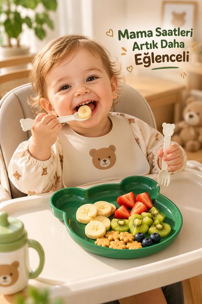 Homsen Yogi Çocuk Mama Tabağı Kaşık Çatallı Bebek Beslenme ve Kahvaltı Tabağı