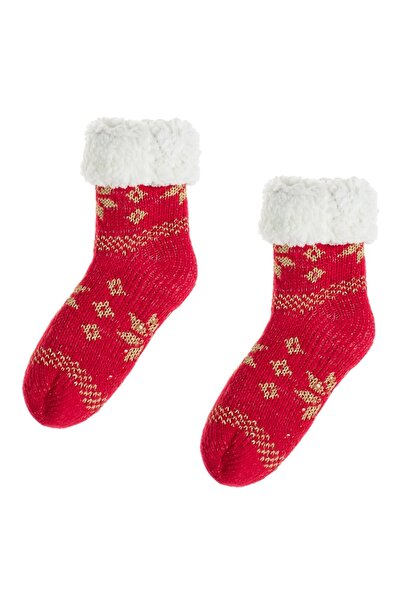 DD SHOP Sosete Pufoase de Iarna Rosii cu Fulgi Aurii Blana Anti-slip pentru F...