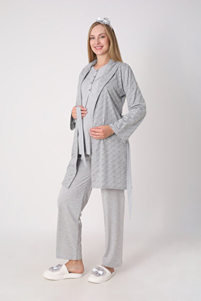 ERDENİZ TEKSTİL Maternity Pajama and Robe Set – 3-Piece Maternity Set, Geomet...