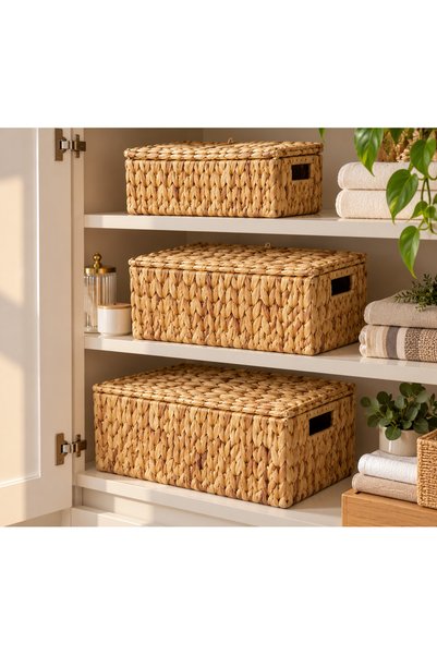 ALLEGRI 3-Piece Wicker Handmade Knitted Basket Box Set with Lid, In-Cabinet Bathroom Organizer, Multi-Purpose Organizer