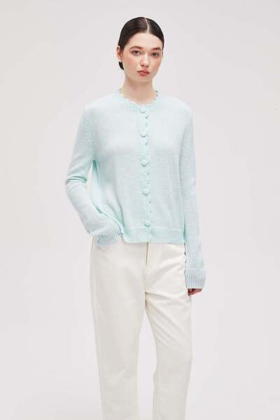 menta Button-Front Cardigan with Scalloped Trim