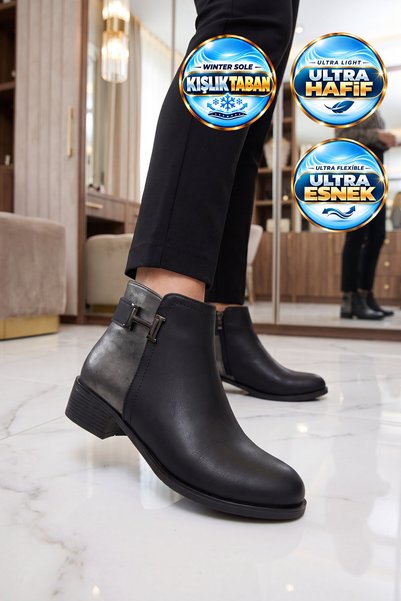 AYAKMOD Siyah Zümrüt Fermuarlı Kauçuk Tabanlı Şık Rahat Kadın Bot 547877