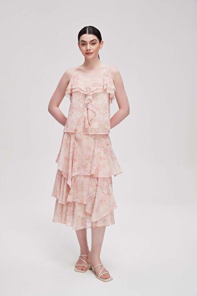 menta Women's Floral Waist-Length Blouse with Thin Straps and Ruffles