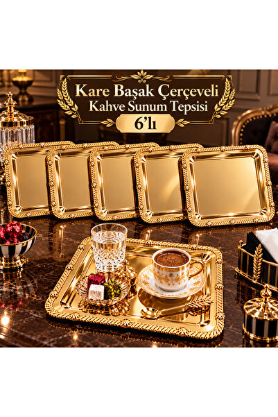 6'lı Kare Başak Çerçeveli Sunum Tepsisi Gold