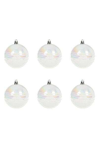 DD SHOP Set Globuri de Craciun Albe Irizate Mate cu Dunga cu Giltter Ø8cm - 6buc