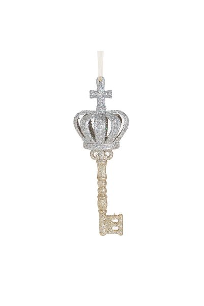 DD SHOP Ornament Brad de Craciun Cheie cu Coroana Bej Samanie Glitter Arginti...