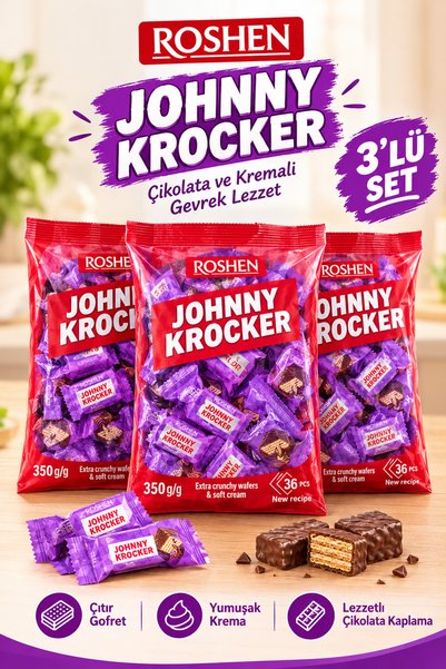 Roshen Johnny Krocker Sütlü, Vanilya Dolgulu Gofret 3 x 350 Gr