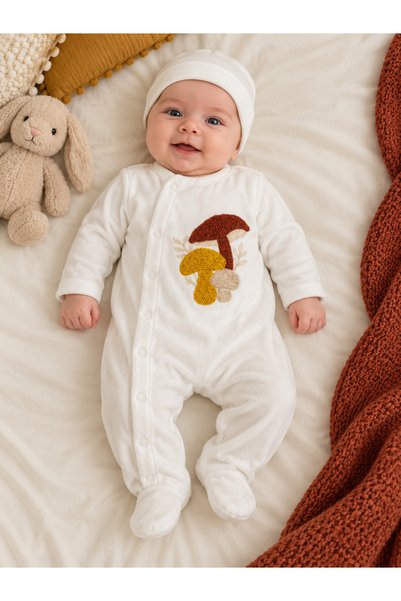 GARDENİA Beyaz Mantar Nakışlı Uzun Kollu Patikli Unisex Bebek Tulumu
