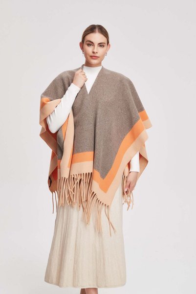 Livia Striped Fringed Poncho