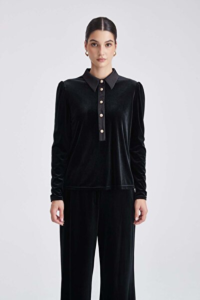 Yola Plain Long-Sleeve Blouse with Shirt Collar