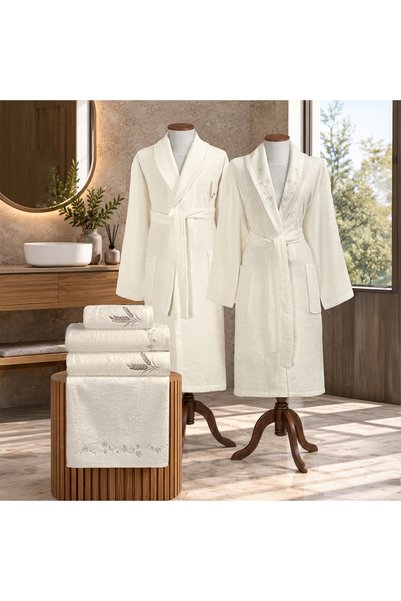 ALTINBAŞAK TEKSTİL Livia Bamboo Embroidered Family Bathrobe Set Ecru/Ecru M-L...