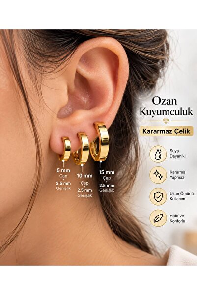 OZAN KUYUMCULUK Kadın Kararmaz Çelik Gold Halka Küpe 3’lü Set – Farklı Boy