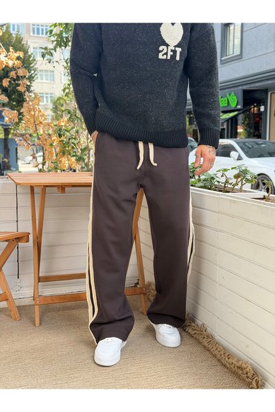 manch collection Side Straw Ribbon Patterned Baggy Fit Tracksuit Brown 5135
