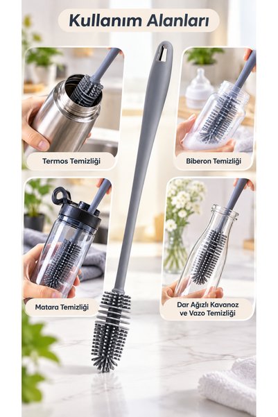 QesQin Şişe Temizleme Fırçası Uzun Saplı Dar Ağızlı Termos Bardak Biberon Sürahi Yıkama Fırçası 31cm
