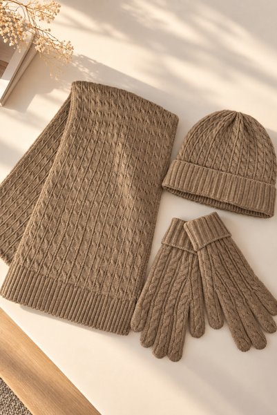 jasmina store Women's Knitted Scarf, Beanie, Gloves 3-Piece Winter Accessory Set