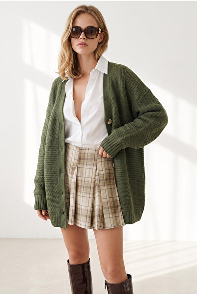 Olalook Women's Khaki Block Patterned Soft Textured Loose Knitwear Cardigan H...