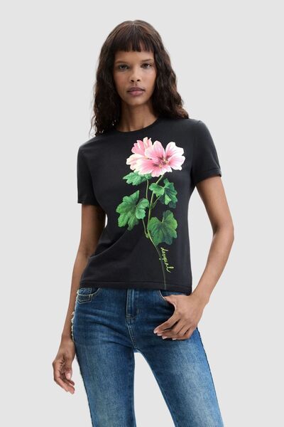 Desigual Tricou femei cu imprimeu floral negru multicolor