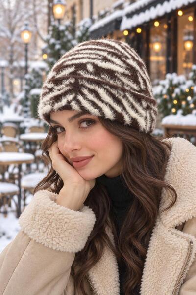 Wearflawless Beretă maro cu model de zebră cu barbă moale pentru femei, beret...